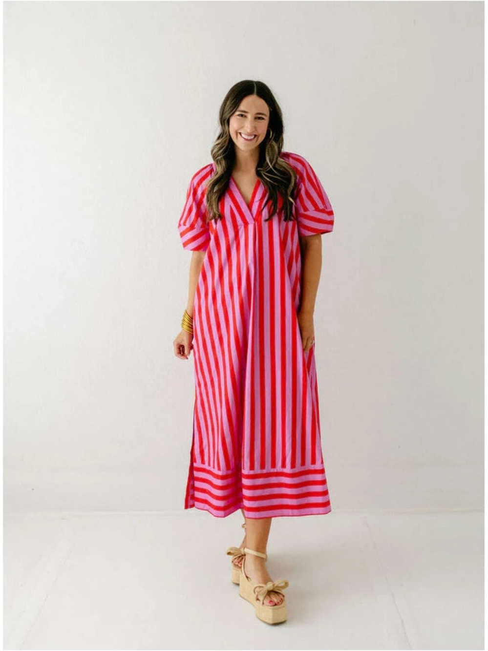 NWT Karlie Watermelon Striped V-Neck Puff Sleeve Midi Dress Large